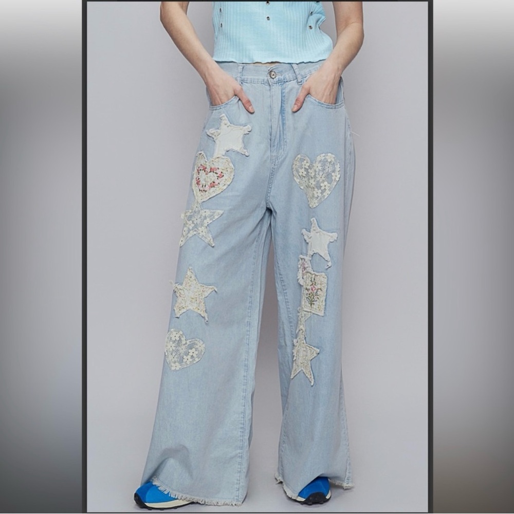NEW - POL Light Blue Pants with Star and Heart Patches and Lace Details